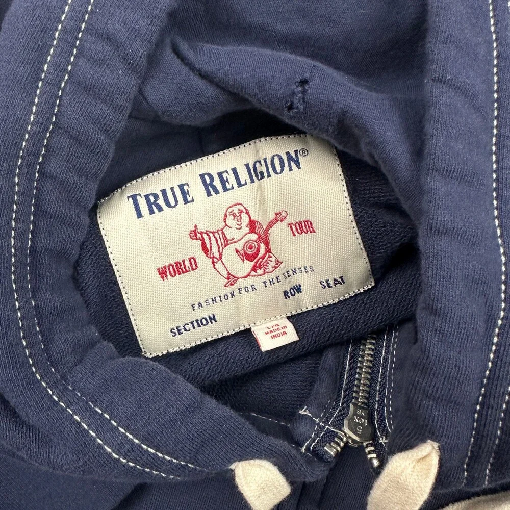 True Relgion Hoodie Men Large Blue Full Zip Sweatshirt Horsehoe Embroidery L